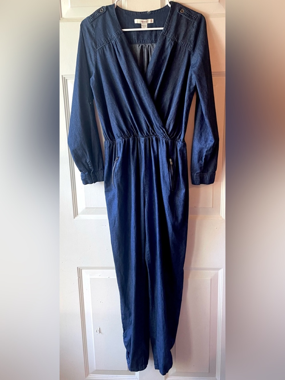 Rosio USA Dark Blue Chambray Denim Look 100% Cotton Cross Front Jumpsuit Large